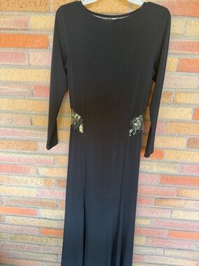 VENUS Black Long Sleeve Maxi Dress with Subtle Lace Insets